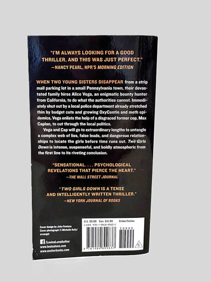 Back cover view of Two Girls Down by Louisa Luna centered on a neutral light gray background. 