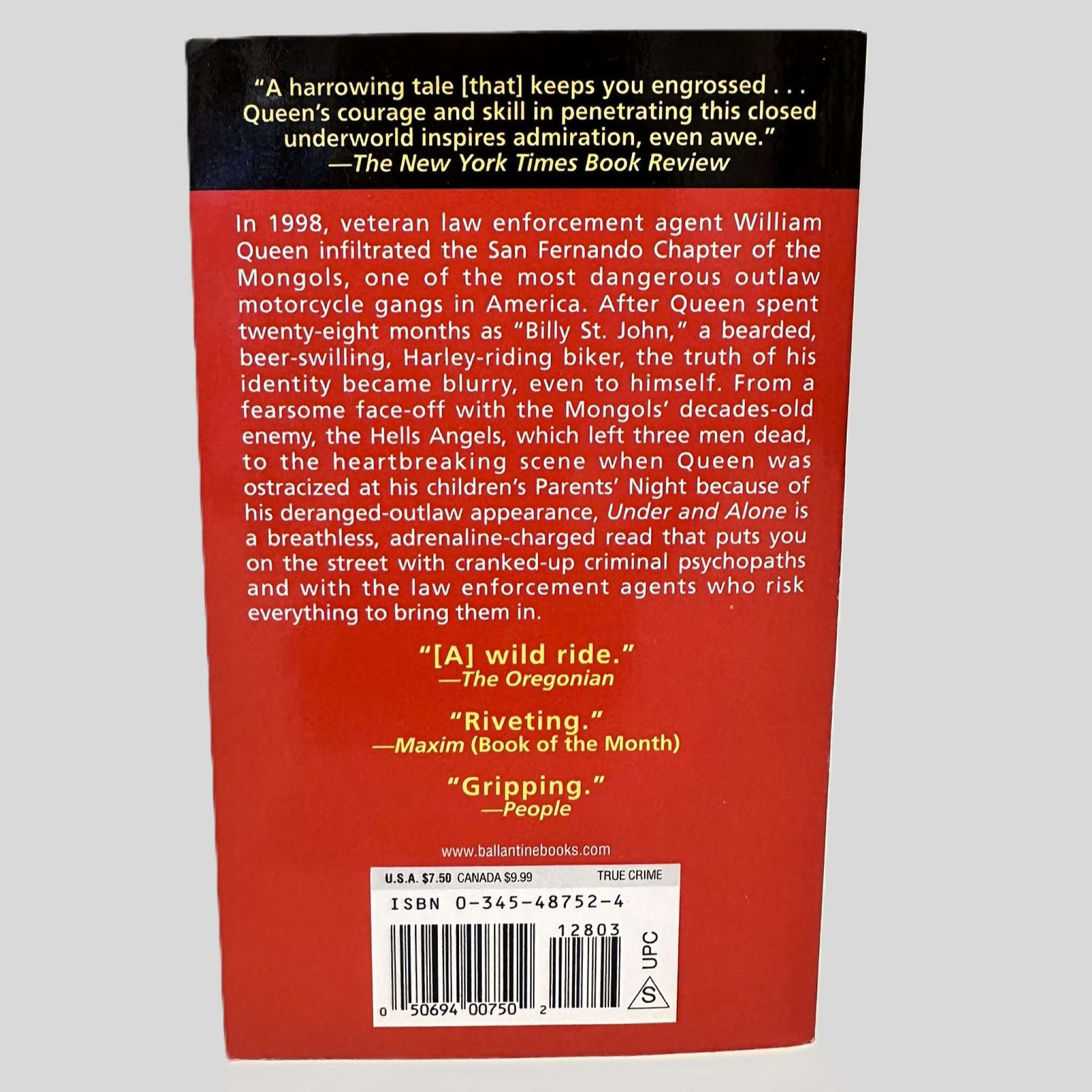 Back cover view of Under and Alone by William Queen centered on a neutral light gray background. 