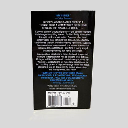 Back cover view of Unfit to Practice by Perri O'Shaughnessy centered on a neutral light gray background. 