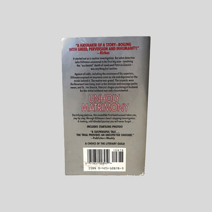 Back cover view of Unholy Matrimony by John Dillmann centered on a neutral light gray background. 