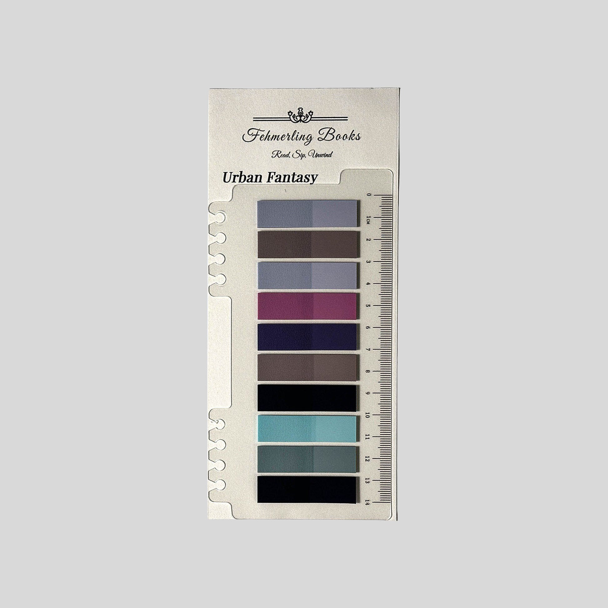 Fehmerling Books "Urban Fantasy" book journaling tabs featuring deep plum, muted aqua, and midnight indigo notes on a notched ruler card.