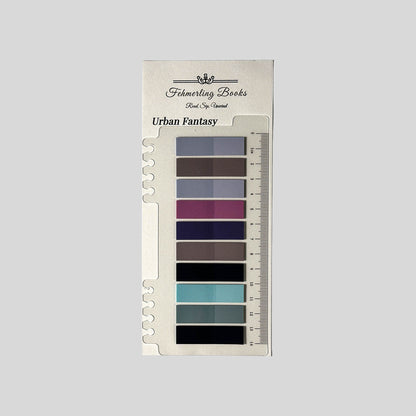 Fehmerling Books "Urban Fantasy" book journaling tabs featuring deep plum, muted aqua, and midnight indigo notes on a notched ruler card.