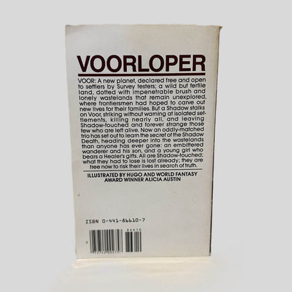 Back cover view of Voorloper by Andre Norton centered on a neutral light gray background. Small crease in top left corner of back cover. Small chip in the top at the spine.