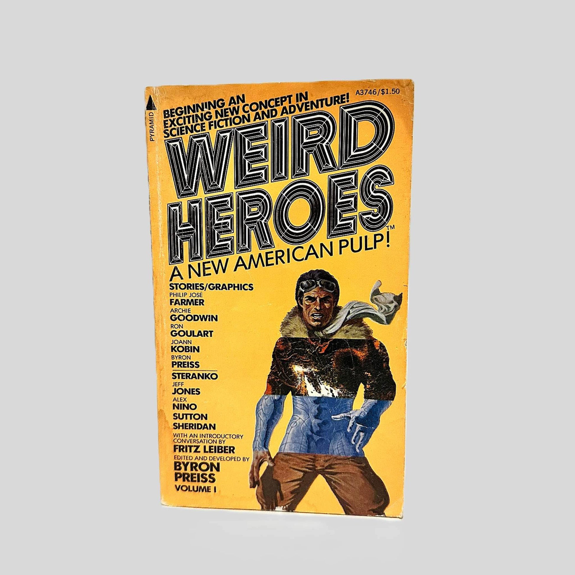 Front cover view of Weird Heroes, Vol. 1 Edited by Byron Preiss centered on a neutral light gray background. Creasing and chipping are present. Some staining on the top right and bottom left corner.
