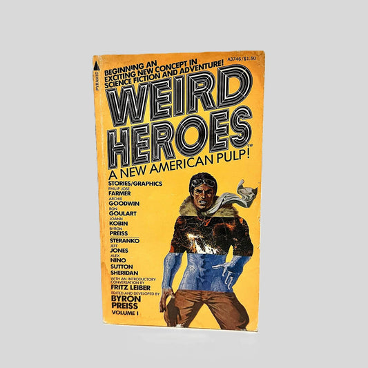 Front cover view of Weird Heroes, Vol. 1 Edited by Byron Preiss centered on a neutral light gray background. Creasing and chipping are present. Some staining on the top right and bottom left corner.