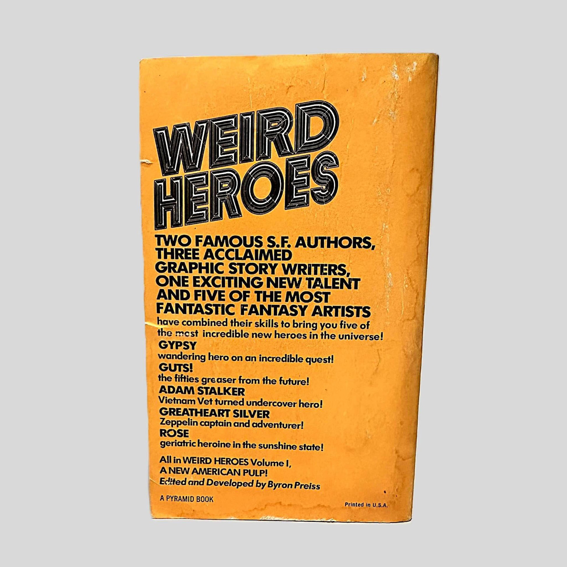 Back cover view of Weird Heroes, Vol. 1 Edited by Byron Preiss centered on a neutral light gray background. Creasing and chipping are present. Some water staining to the bottom and near the spine.