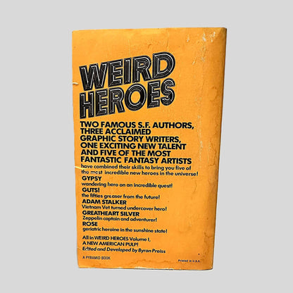 Back cover view of Weird Heroes, Vol. 1 Edited by Byron Preiss centered on a neutral light gray background. Creasing and chipping are present. Some water staining to the bottom and near the spine.