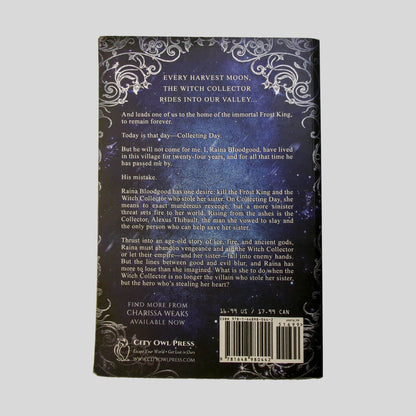 Back cover view of Witch Collector by Charissa Weaks centered on a neutral light gray background.  Creasing along the lower left corner and near the spine edge.