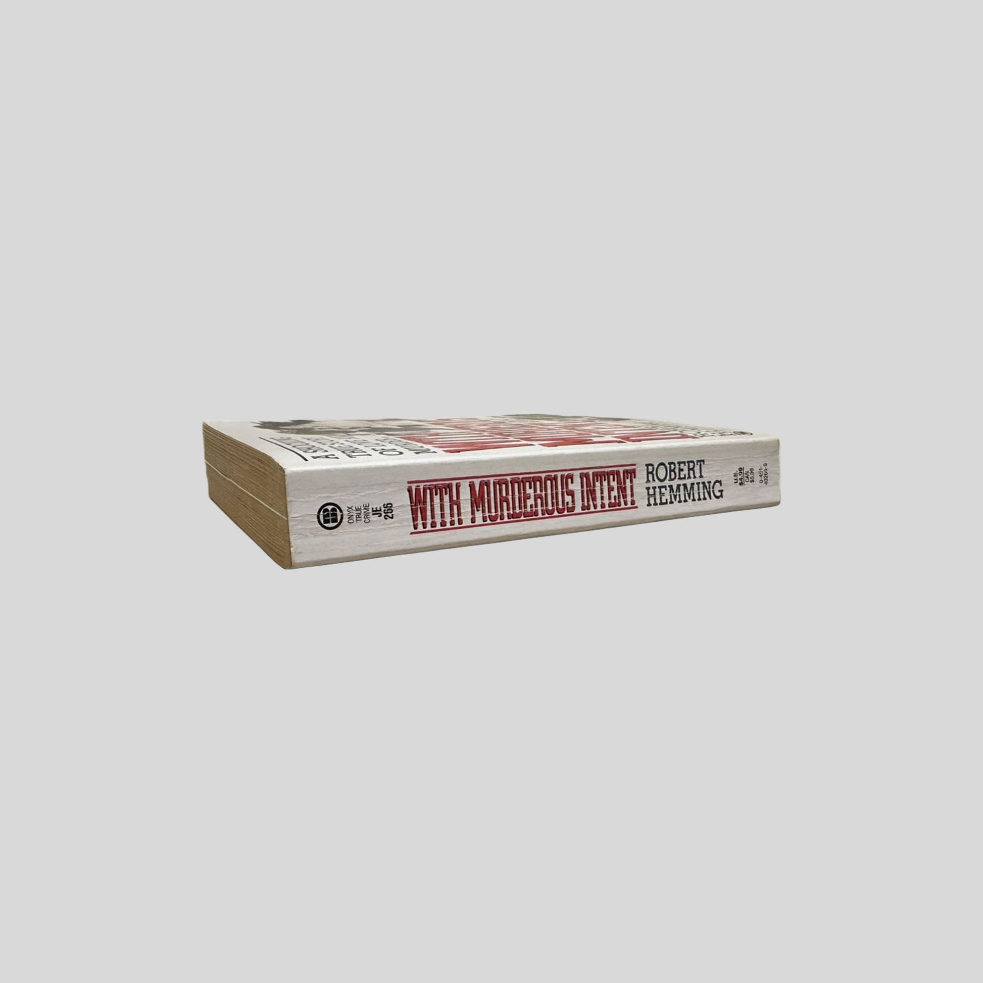 Close-up spine view of With Murderous Intent by Robert Hemming centered on a neutral light gray background.