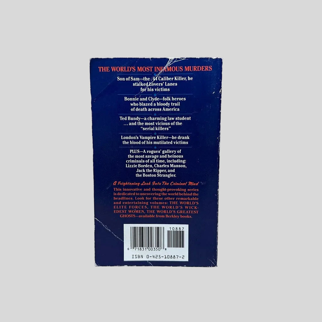 Back cover view of World's Most Famous Murders by Boar and Blundell centered on a neutral light gray background. 