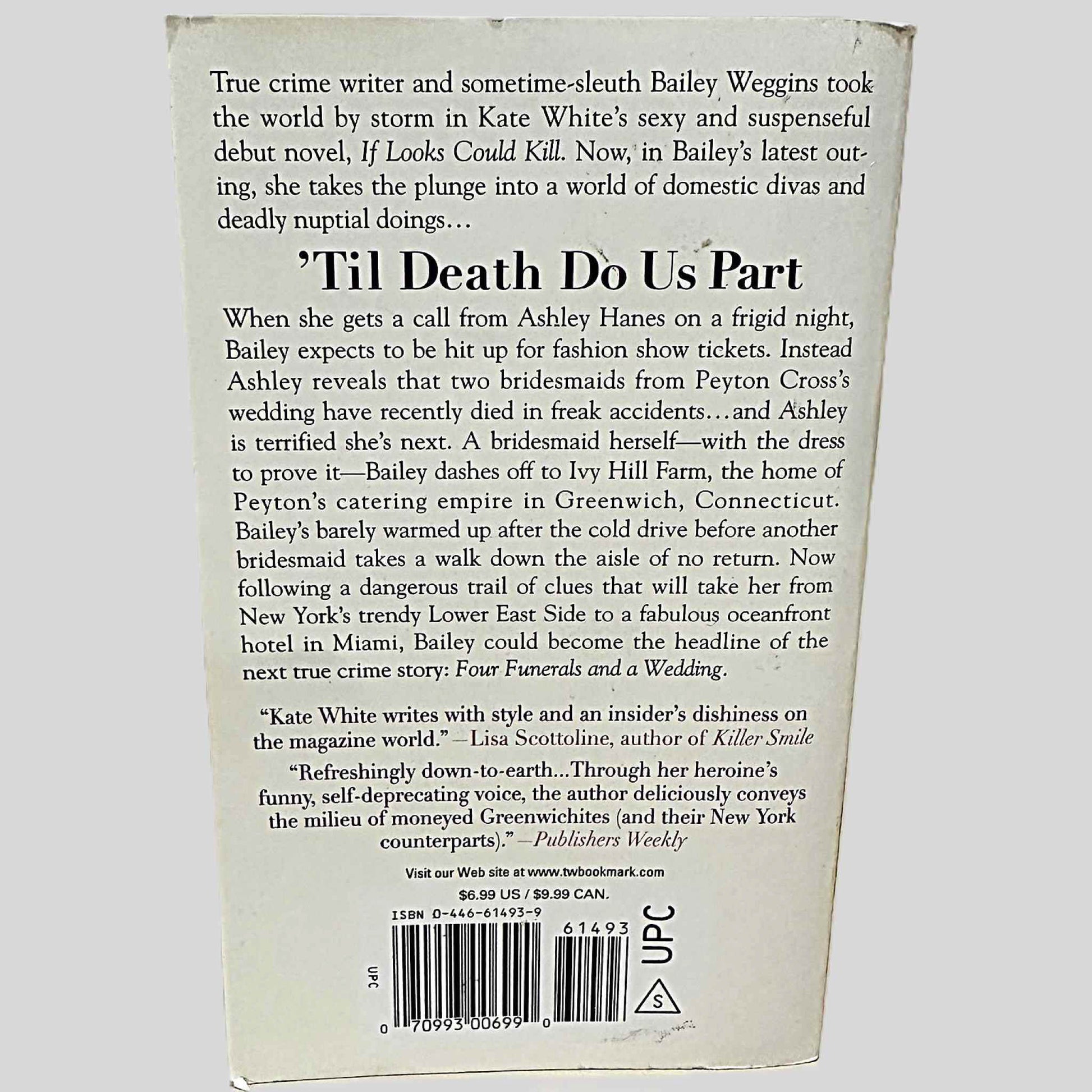 Back cover view of 'Til Death Do Us Part by Kate White centered on a neutral light gray background. 