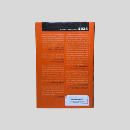Back cover of the 2034 hardcover edition. The layout features a chilling plot synopsis of the near-future global conflict, author biographies, the Penguin Press logo, and a clear barcode with ISBN 9781984881250.