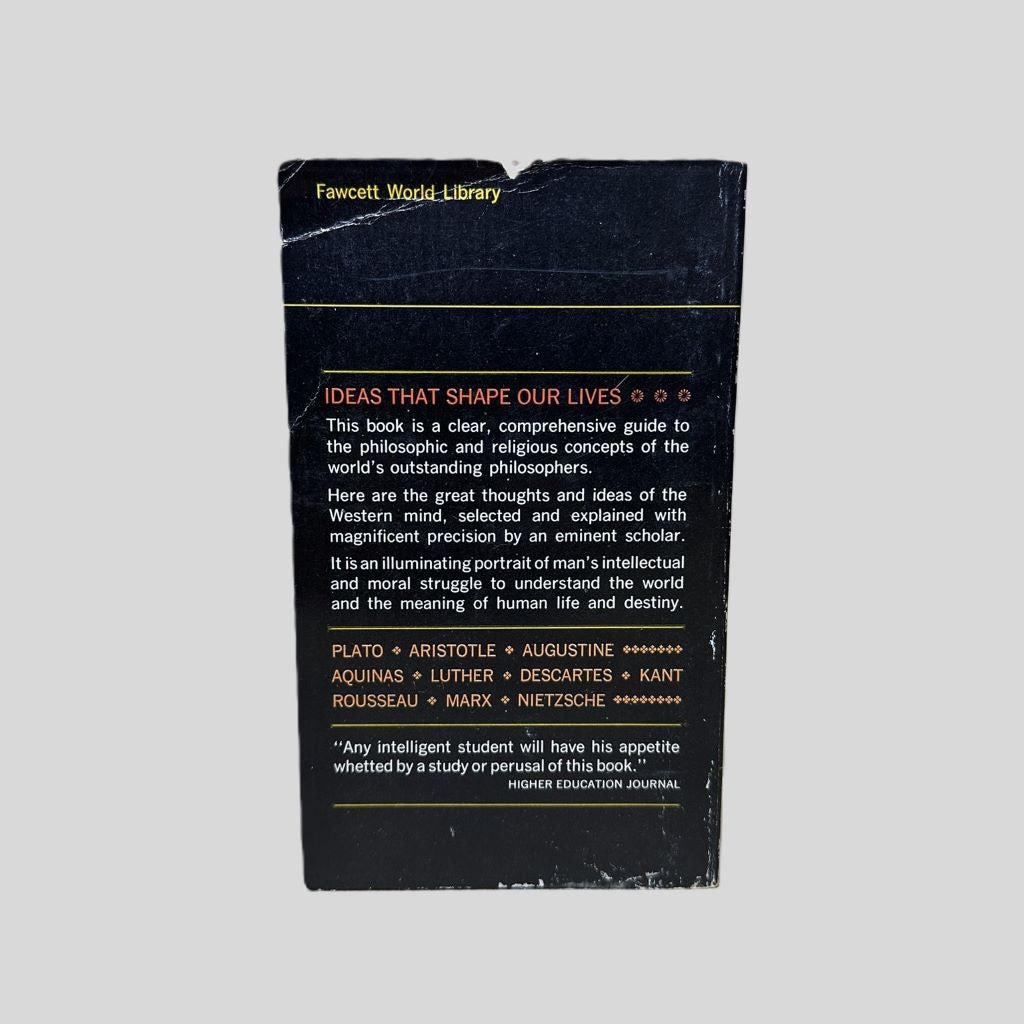 The back cover of the vintage Fawcett Premier paperback 'From Plato to Nietzsche' by E.L. Allen. The weathered dark cover features the header 'IDEAS THAT SHAPE OUR LIVES' and lists iconic philosophers including Plato, Aristotle, Augustine, Aquinas, Luther, Descartes, Kant, Rousseau, Marx, and Nietzsche. The blurb describes the book as an illuminating portrait of the Western mind's struggle to understand human destiny.