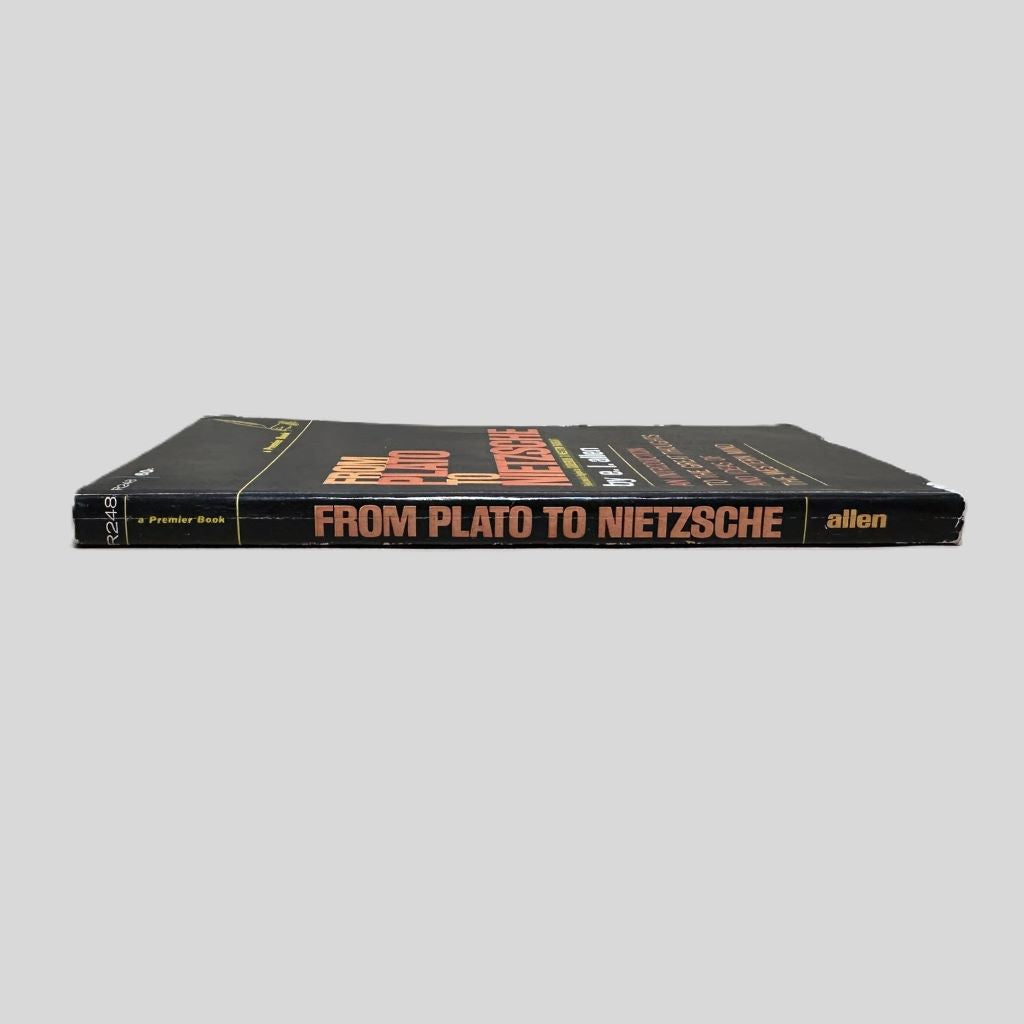 Side-angle view of 'From Plato to Nietzsche' resting on a neutral background. The spine prominently displays the Fawcett Premier logo and the publisher code R248, reflecting the well-read condition of this chronological history of Western thought. The screen captures the genuine vintage aging of a copy originally published in the late 1950s/early 1960s.