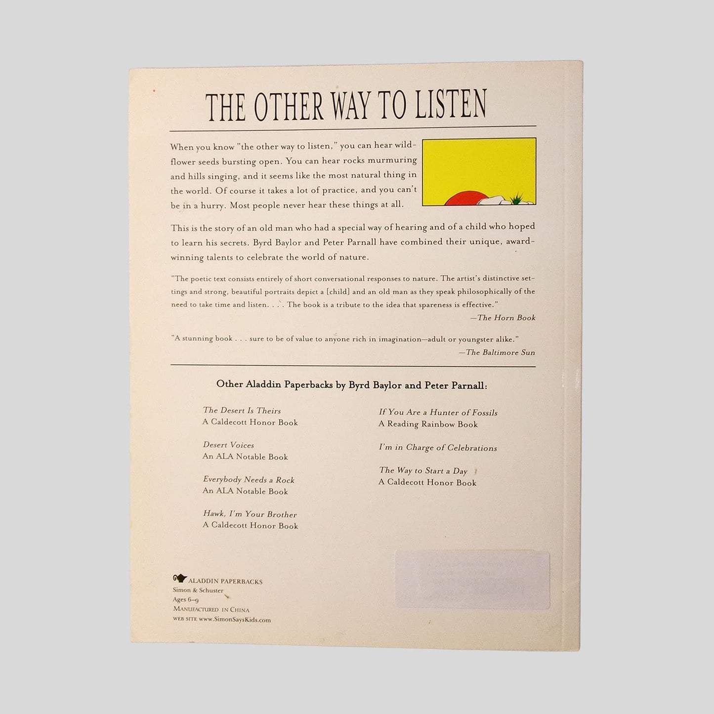 The Other Way To Listen by Byrd Baylor - Back Cover - Fehmerling Books