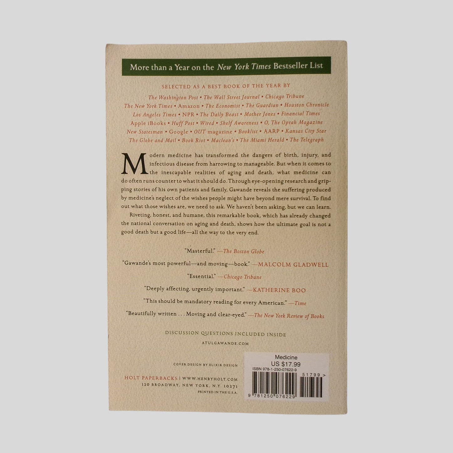 Being Mortal by Atul Gawande - Back Cover - Fehmerling Books