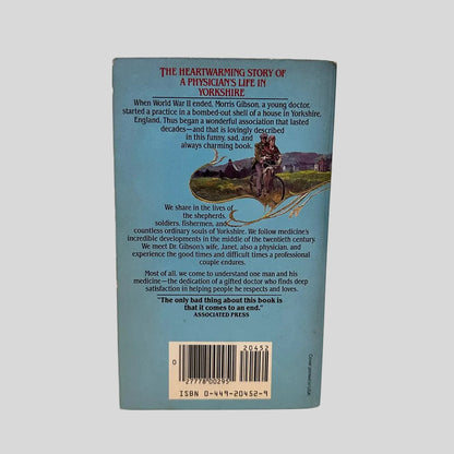 Back cover of the paperback book 'One Man's Medicine' by Morris Gibson, featuring a plot synopsis about a physician's life in Yorkshire and an Associated Press review blurb.