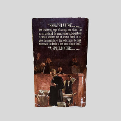 The back cover of the vintage paperback 'The Century of the Surgeon' by Jürgen Thorwald. The cover features a dramatic 19th-century medical illustration of surgeons in a dark theater performing a pioneering operation. Above the art, bold white typography describes the book as a 'breathtaking' and 'spellbinding' saga of the men who dared to explore the human heart and brain.