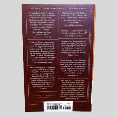The back cover of the University of Chicago Press edition of 'Young Men and Fire' by Norman Maclean. The dark red cover prominently displays its status as Winner of the National Book Critics Circle Award. It features a comprehensive collection of praise from major publications, including the New York Times Book Review, Chicago Tribune, and USA Today, framing the book as a 'magnificent drama' and a 'part detective story' about the 1949 Mann Gulch tragedy.
