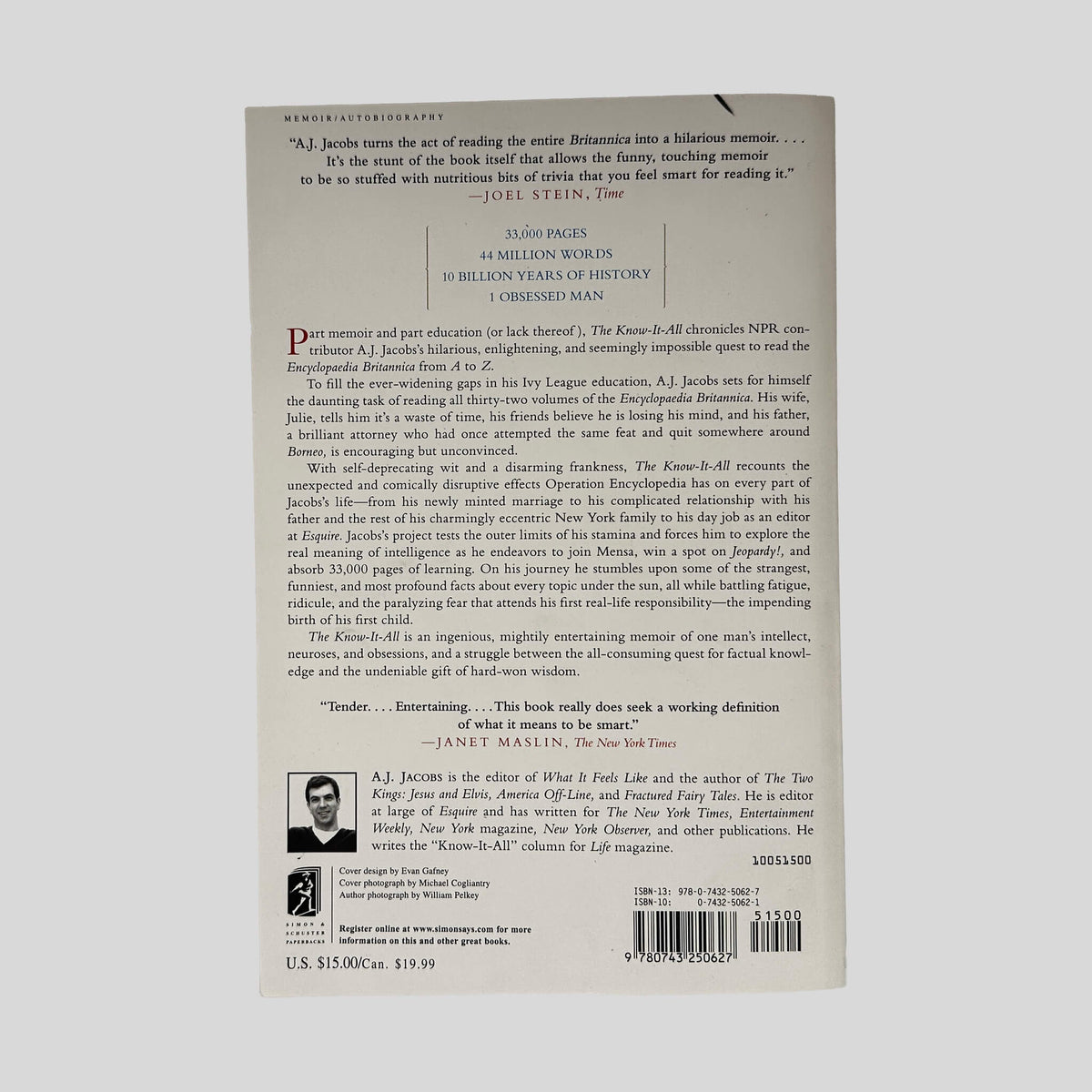 Back cover of The Know-It-All by A.J. Jacobs showing back cover summary and review quotes.