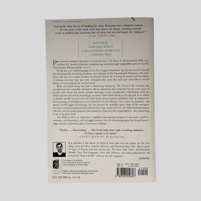 Back cover of The Know-It-All by A.J. Jacobs showing back cover summary and review quotes.