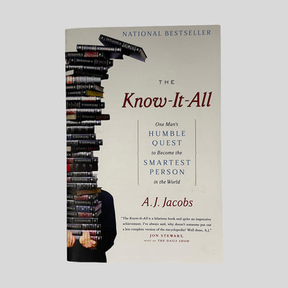 Front cover of The Know-It-All by A.J. Jacobs, vintage 2005 Simon & Schuster like new condition paperback edition (Humorous memoir & biography).