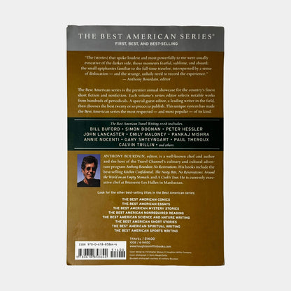 Back cover of The Best American Travel Writing 2008 edited by Anthony Bourdain showing back summary and contributor list.