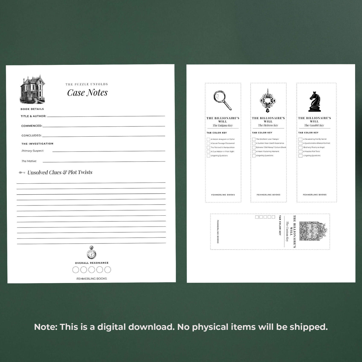 Side-by-side view of the printable billionaire estate annotation kit bundle, displaying the full mystery reading log and four trope-tracking bookmarks on a dark green background.