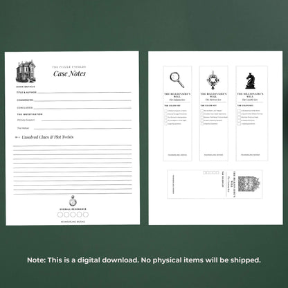 Side-by-side view of the printable billionaire estate annotation kit bundle, displaying the full mystery reading log and four trope-tracking bookmarks on a dark green background.