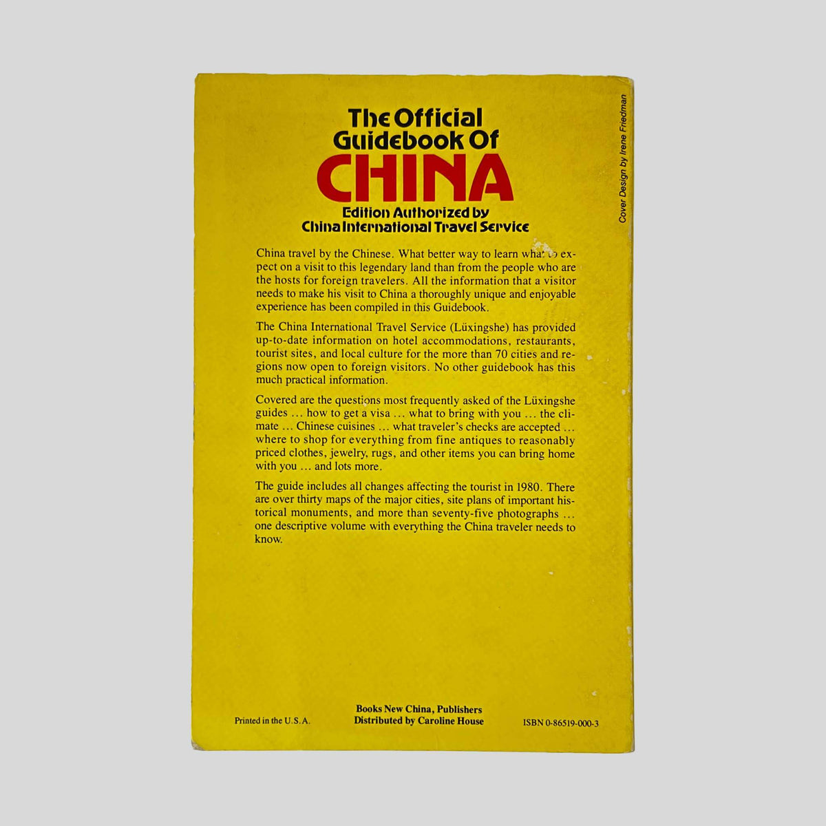 Back cover of The Official Guidebook of China by Zhongguo Lüyou Chubanshe showing contents summary and publication details.