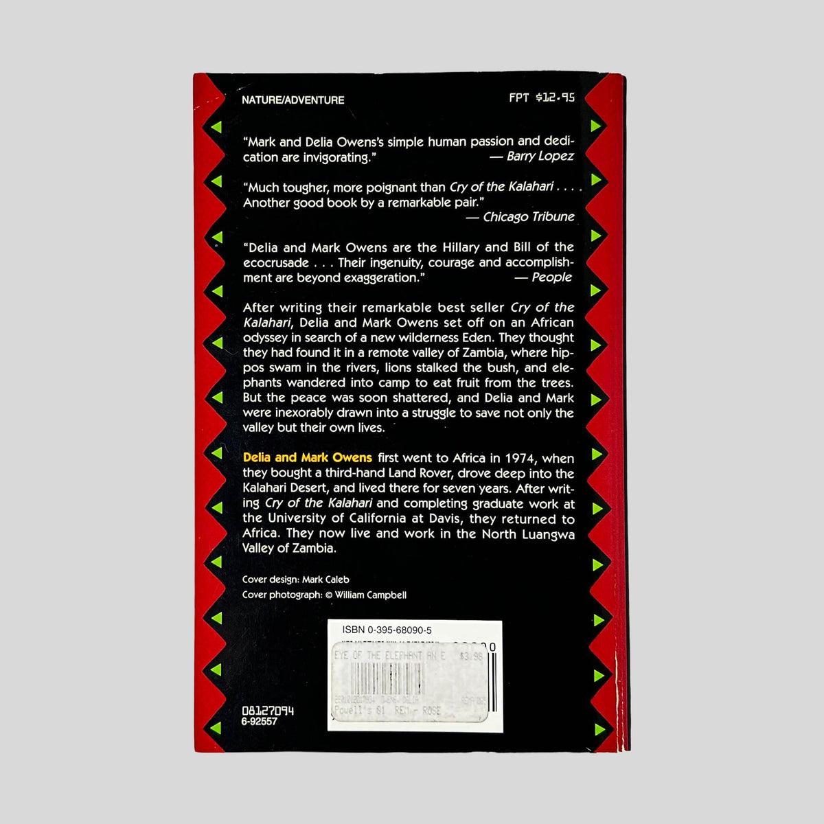Back cover of The Eye of the Elephant by Delia and Mark Owens showing plot overview and critical acclaim.