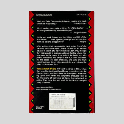 Back cover of The Eye of the Elephant by Delia and Mark Owens showing plot overview and critical acclaim.