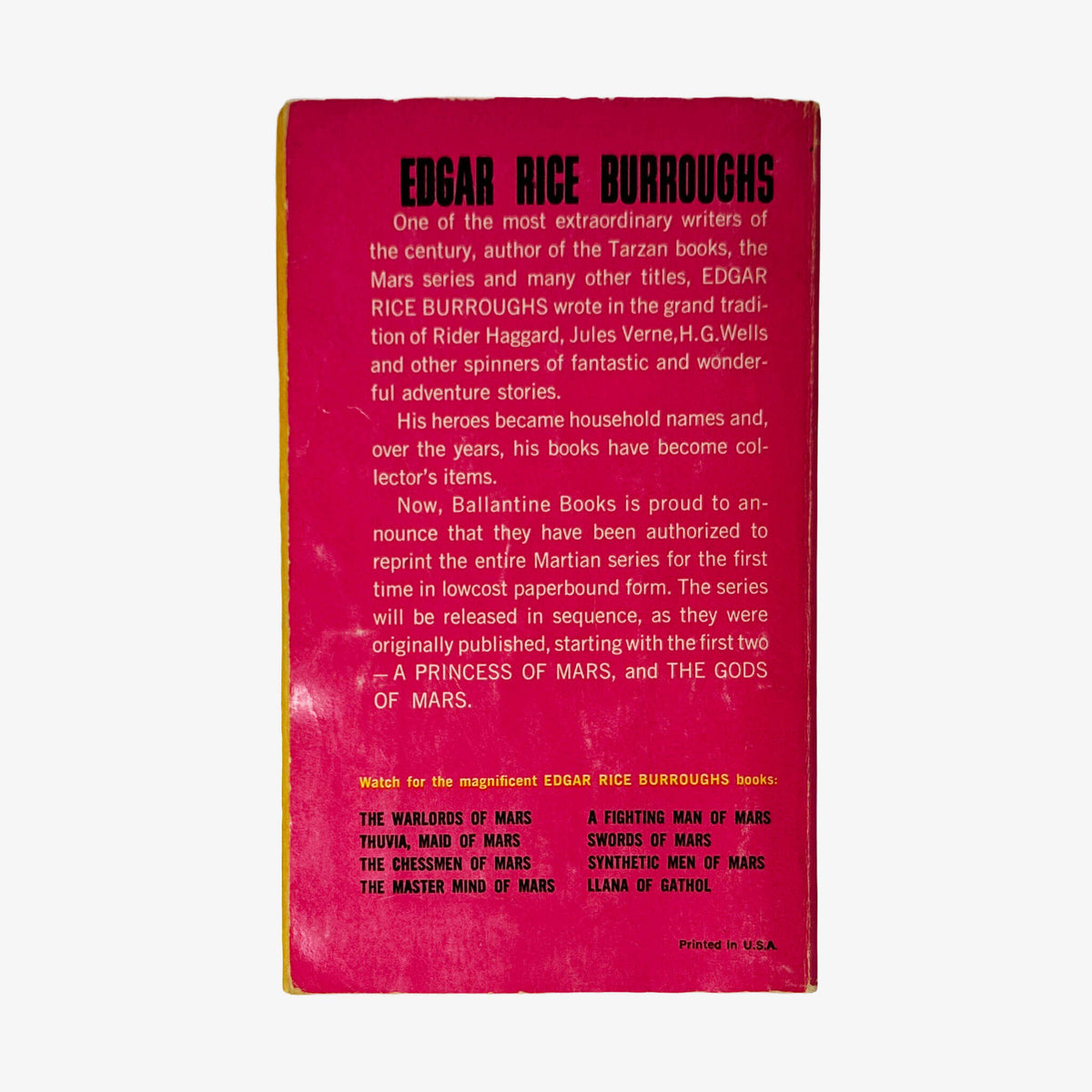 Back cover of The Gods of Mars by Edgar Rice Burroughs showing back cover blurb and publication details.
