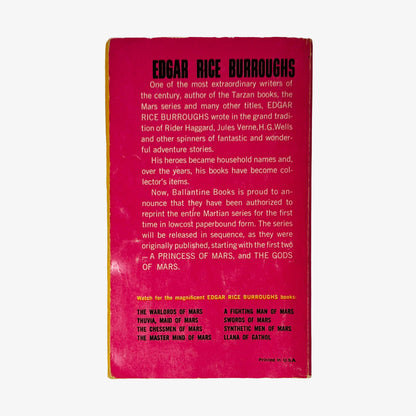 Back cover of The Gods of Mars by Edgar Rice Burroughs showing back cover blurb and publication details.