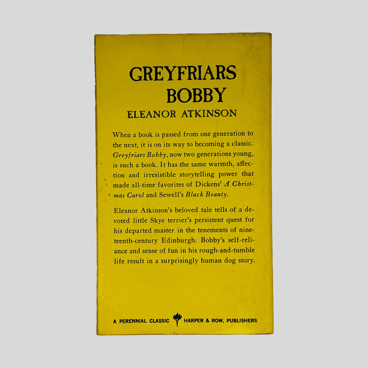 Back cover of Greyfriars Bobby by Eleanor Atkinson showing plot summary and classic story details.