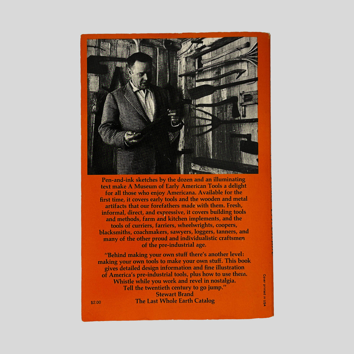 Back cover of A Museum Of Early American Tools by Eric Sloane showing back summary and hand-tool illustrations.