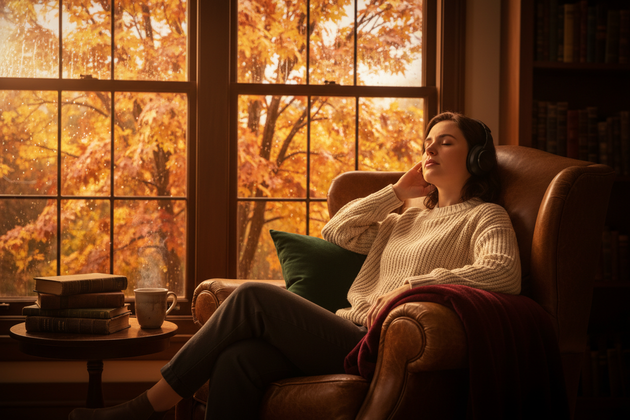 A woman wearing over-ear headphones relaxes in a brown leather armchair by a large window with warm autumn foliage outside. She is dressed in a cream knit sweater and dark pants, with a green pillow and a red throw blanket on the chair.