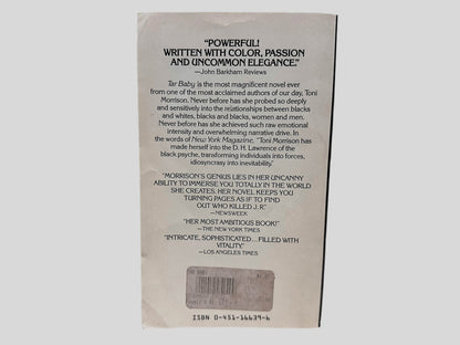 Back cover view of Tar Baby by Toni Morrison centered on a neutral light gray background. Creasing is present around the edges.