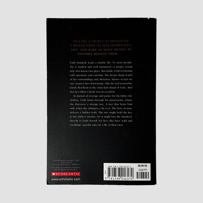 Back cover of The Lie Tree paperback by Frances Hardinge displaying plot summary for Faith Sunderly, Scholastic logo, $8.99 US price, ISBN barcode, and clean Like New cover condition.