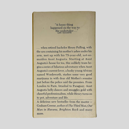 Back cover of Travels With My Aunt by Graham Greene showing back cover blurb and review quotes.
