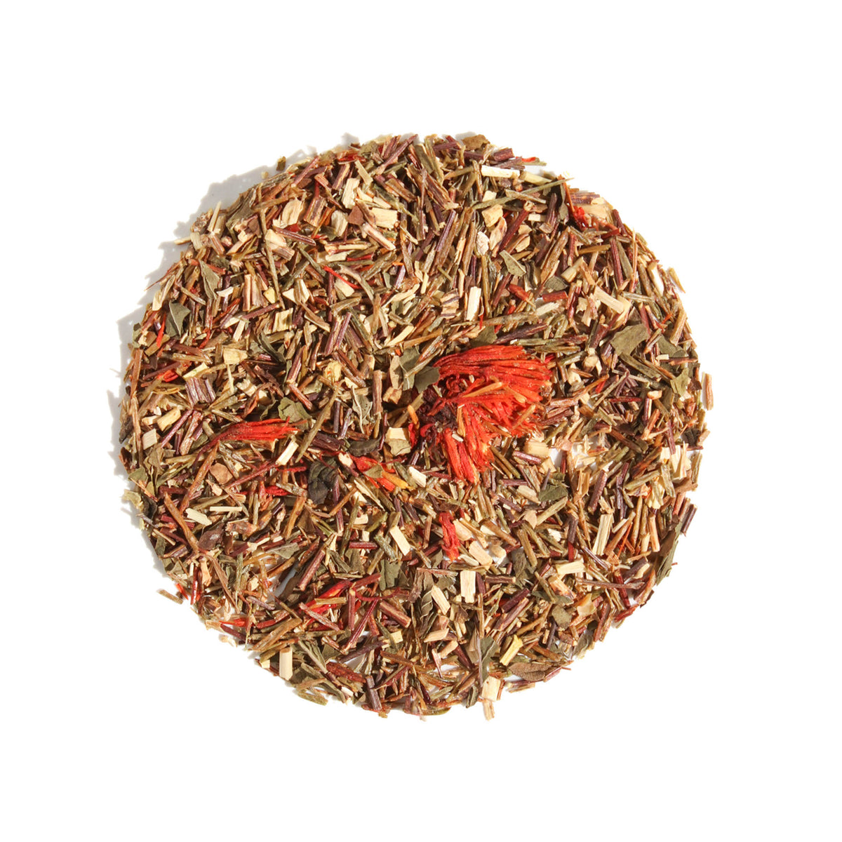 A close-up, overhead view of Plum Deluxe Candy Cane Herbal Tea arranged in a neat circle against a white background. The caffeine-free loose leaf blend features fine green rooibos and peppermint, highlighted by vivid red safflower petals.