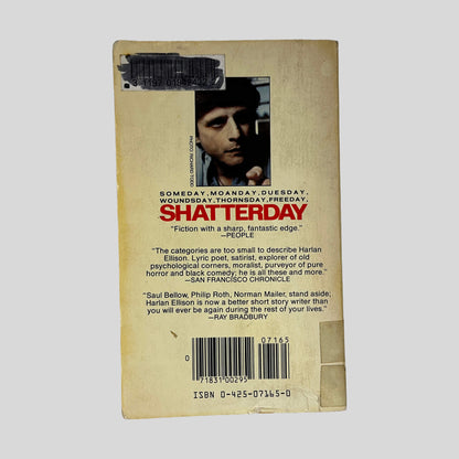 Back cover of Shatterday by Harlan Ellison showing back cover text summary and critical acclaim.