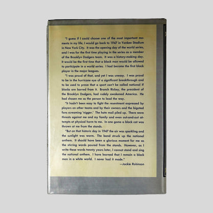 Back cover of I Never Had It Made by Jackie Robinson showing jacket text and publication details.