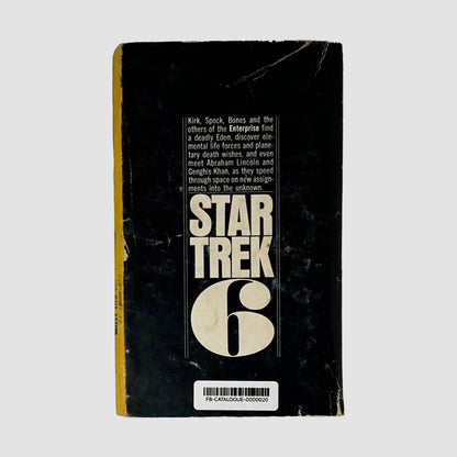 Back cover of Star Trek 6 by James Blish showing episode adaptations summary and back text.