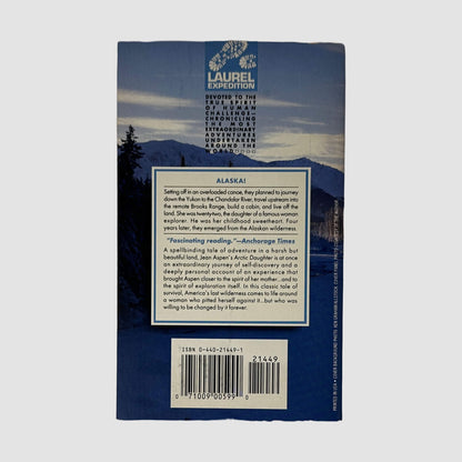 Back cover of Arctic Daughter by Jean Aspen showing back text summary and wilderness survival overview.