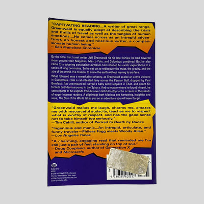 Back cover of The Size of the World by Jeff Greenwald showing back summary and critical praise.
