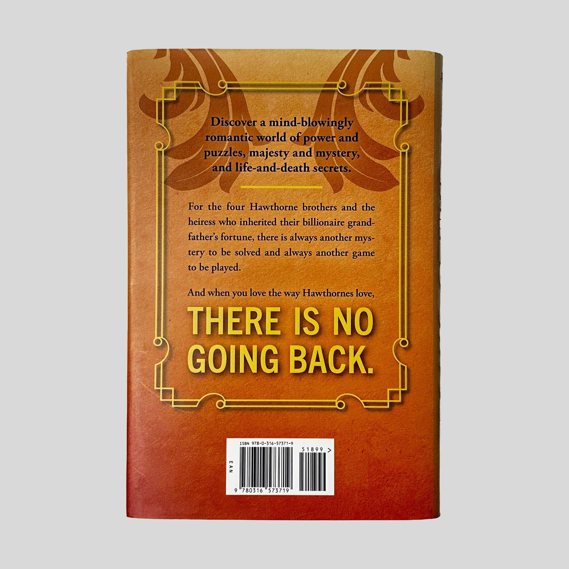 Back cover dust jacket of Games Untold hardcover by Jennifer Lynn Barnes showing decorative gold borders, tagline text, ISBN barcode, and clean Like New condition.