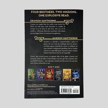 Back cover of The Brothers Hawthorne paperback by Jennifer Lynn Barnes detailing the dual-plot summaries for Grayson and Jameson Hawthorne, along with the ISBN barcode and clean Like New cover condition.