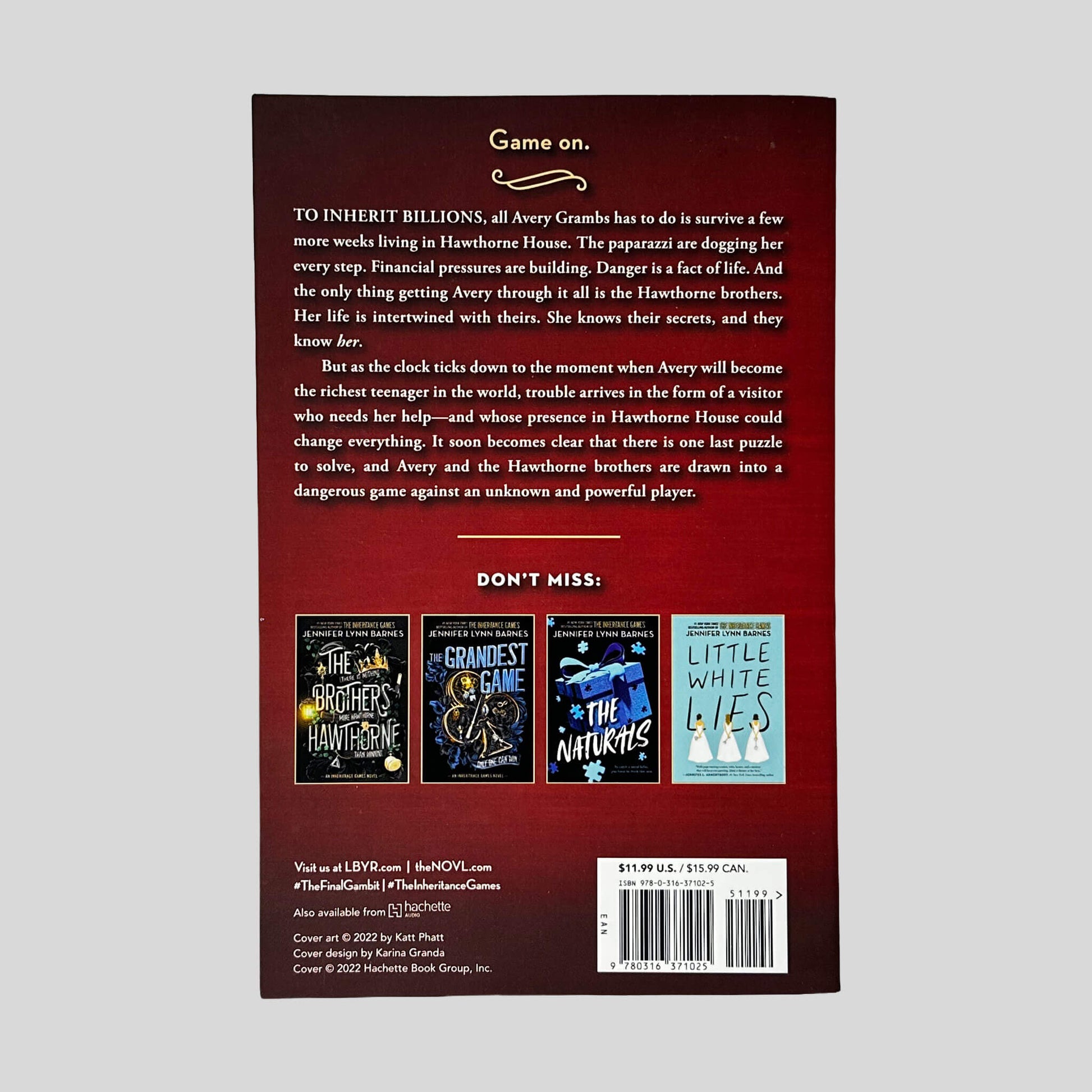 Back cover of The Final Gambit paperback by Jennifer Lynn Barnes showing plot summary, ISBN barcode, publisher details, and clean Like New cover condition.