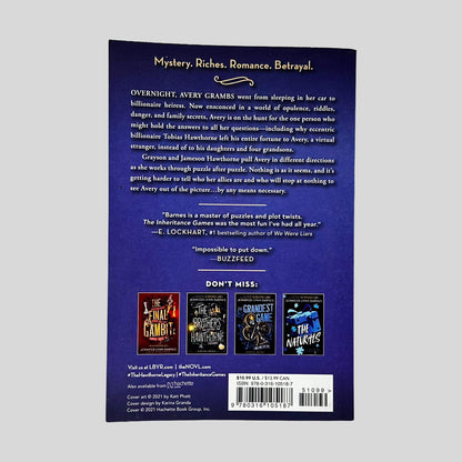 Back cover of The Hawthorne Legacy paperback by Jennifer Lynn Barnes showing plot summary, praise quotes, ISBN barcode, and clean Like New cover condition.